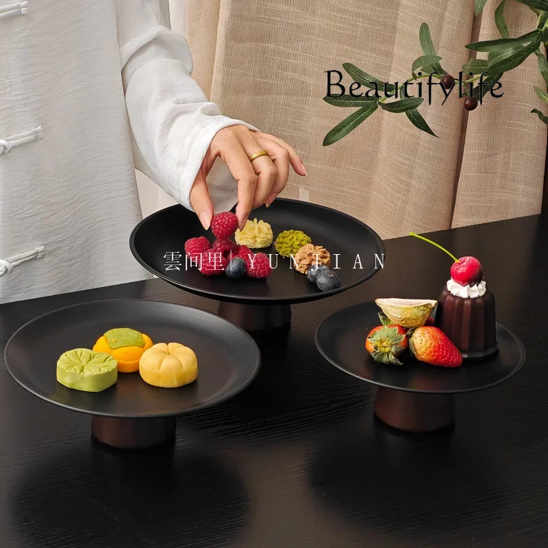 Black high-footed refreshment plate, tea table snacks, high-end stainless steel fruit plate dim sum candy dessert plate