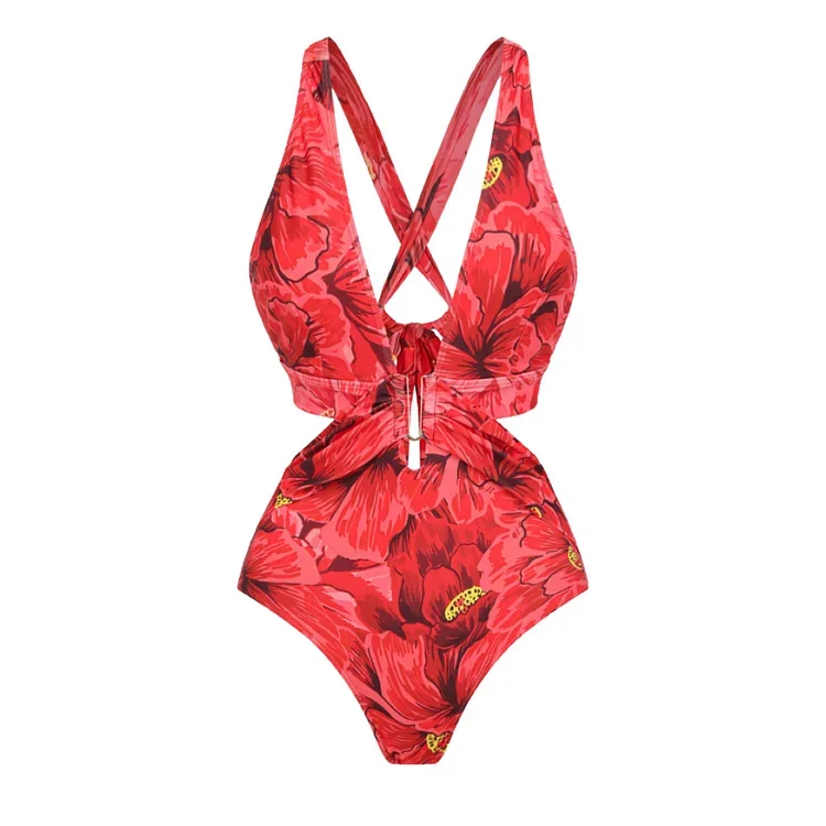 2024 neue Frauen blühen rote Blume drucken einteiligen Badeanzug Set Bade bekleidung Badeanzug Bikini Monokini Tankini Strand kleid