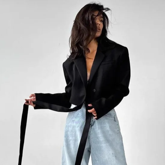 

Элегантный однотонный облегающий женский модный мини-костюм в европейском стиле с поясом, деловой повседневный топ для женщин