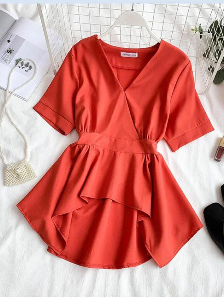 Summer Women\'s Shirt Korean Fashion Black Red Solid Color V-neck Short Sleeve Ruffled Tops Blouses GD471