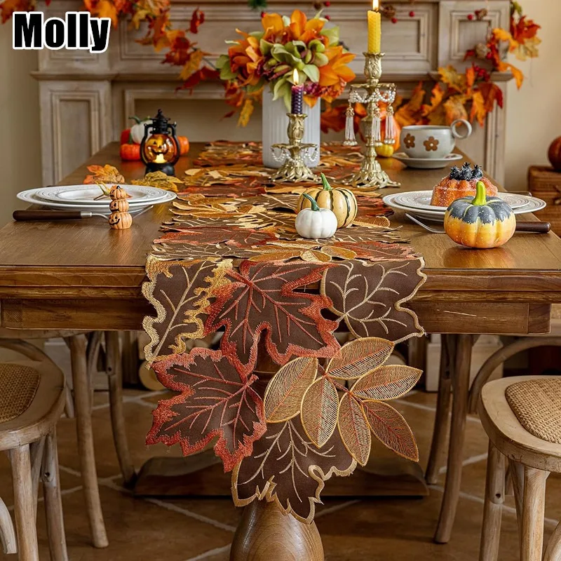 Thanksgiving Table Runner Cutwork Embroidered Maple Leaves Table Runners Autumn Dresser Scarf for Harvest Party Dinner Seasonal