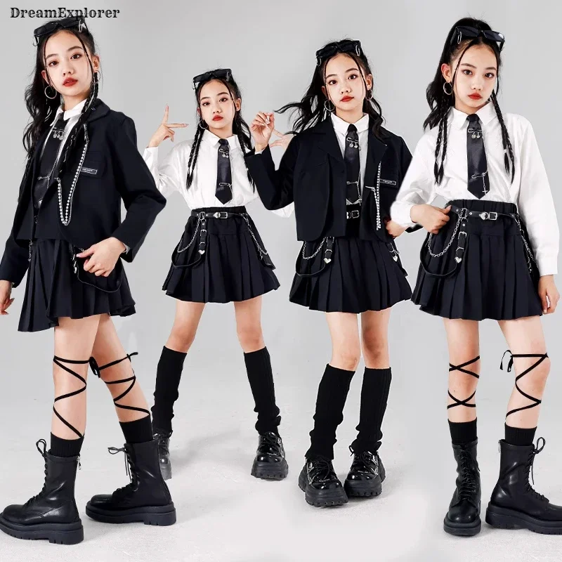 Hip Hop Girls Crop Blazers Jacket Shirts Pleated Skirts Kids Streetwear School Uniform Clothes Set Child Jazz Girl Group Costume