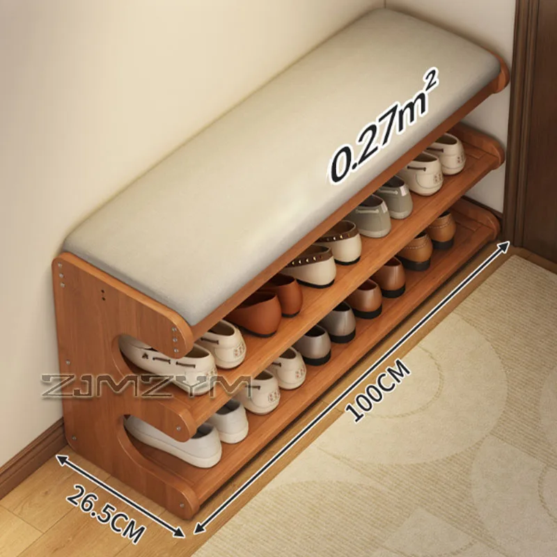 Entryway Shoe Storage Bench Solid Wood Padded Shoe Changing Stool 2 Tier Open Shoe Rack Bench for Hallway Home Organizer