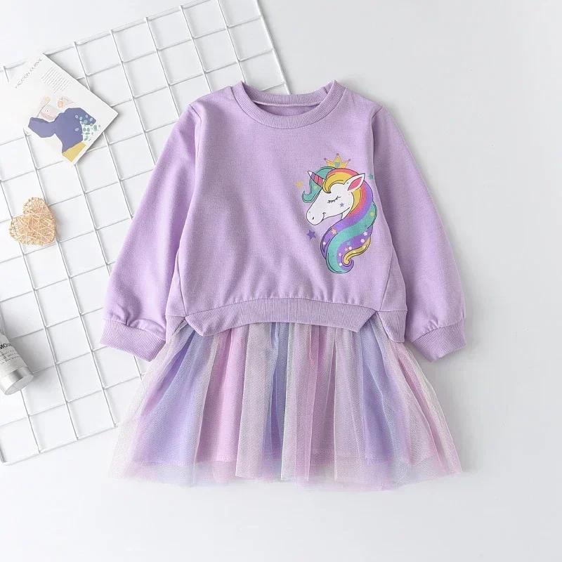Korean Version Purple Long Sleeved Girls' Dresses Autumn Cartoon Print Children's Clothing Fashion Birthday Party Girl Dress