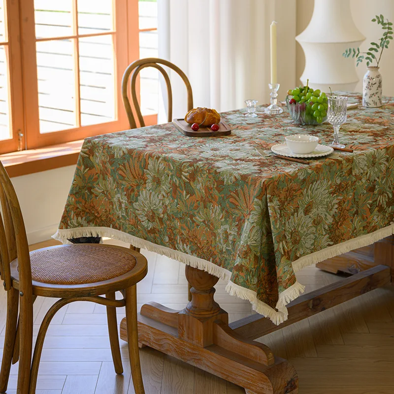 Rustic Jacquard Rectangular Tablecloth American Cotton Linen Oil Painting Sense Tablecloth Coffee Table Dining Table Cover Cloth
