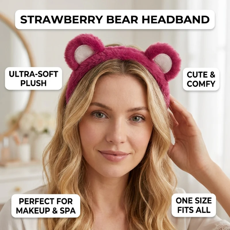 Soft Strawberry Bear Plush Hairband Set Non-Slip Wash Headband for Face Cleansing Cute Cartoon Hairband for Women Girls Ideal