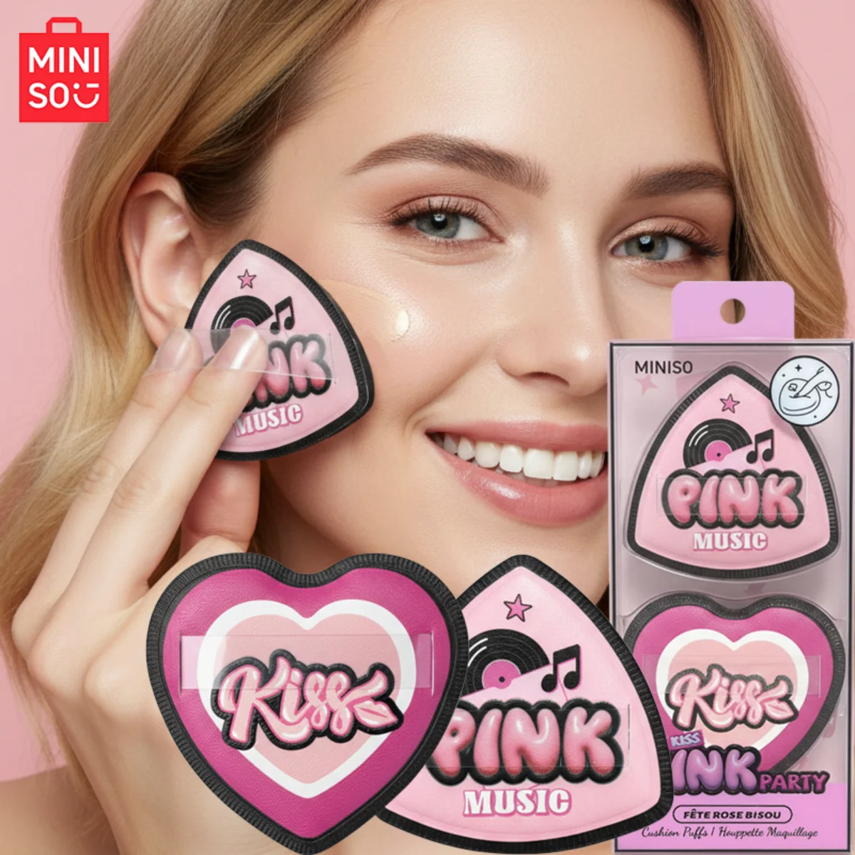 MINISO – bouffantes de poudre de barbe à papa rose, série Party, 2 paquets, faciles à appliquer, s'adapte au maquillage du bas et ne mouche pas de poudre
