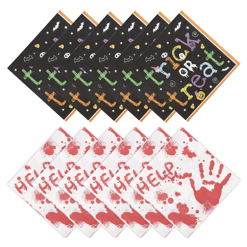 20pcs Halloween Themed Napkins Red Help Blood Handprint Trick Or Treat Halloween Party Disposable Colored Printed Napkins