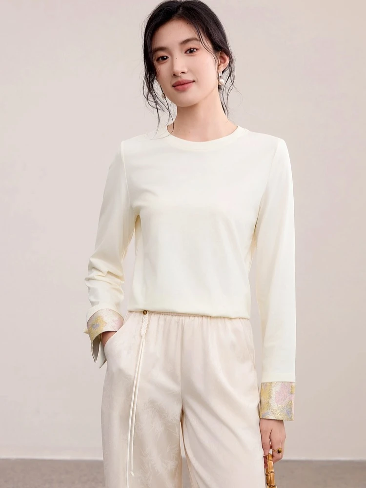 

SENTUBILA Chinese Style Long Sleeved T-shirt For Women's 2025 Autumn New Round Neck Spliced Jacquard Apricot Lady Tops 153TM3149