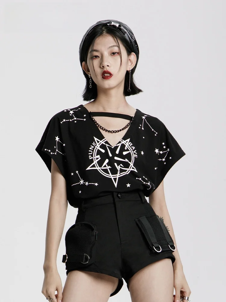 

Loose Black Punk T-Shirt Women's Short Sleeve V-Neck Summer Design Printed Casual Top Street Style Fashion for Young Women