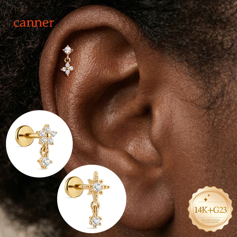 CANNER 1PC 14K Solid Gold Flower Flat Back Cartilage Earring Women CZ Hypoallergenic Piercing Internally Threaded Helix Earring