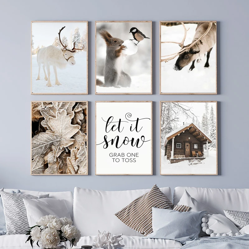 Nature Winter Snow Car Elk Wood House Plants Bird Wall Art Canvas Painting Poster And Print Scenery Pictures Home Interior Decor