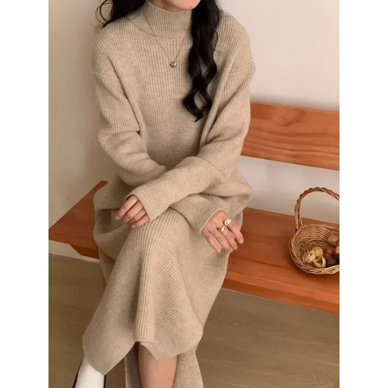 Casual Women\'s Semi High Neck Pit Striped Woolen Dress for Autumn and Winter  NewFashion StyleLoose SlitInner Layer Bottom Dress