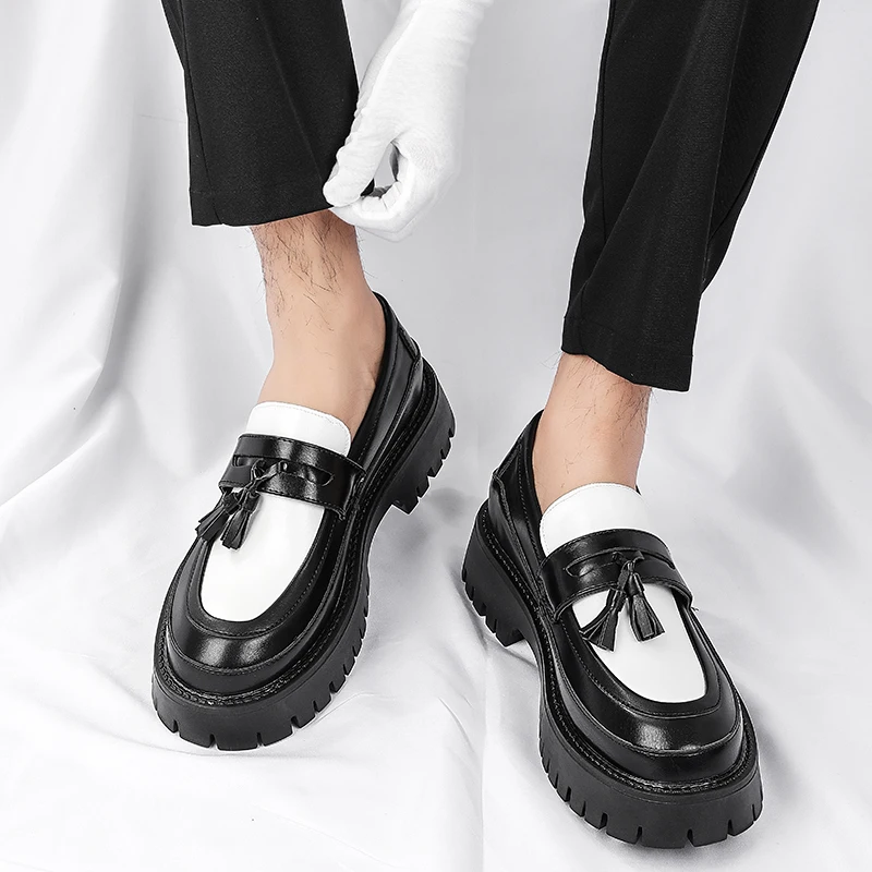 Fashion Brand Spring Round Tassel Casual Leather Shoes British Style Mens Comfortable Thick Sole Inner Height Increasing Loafers