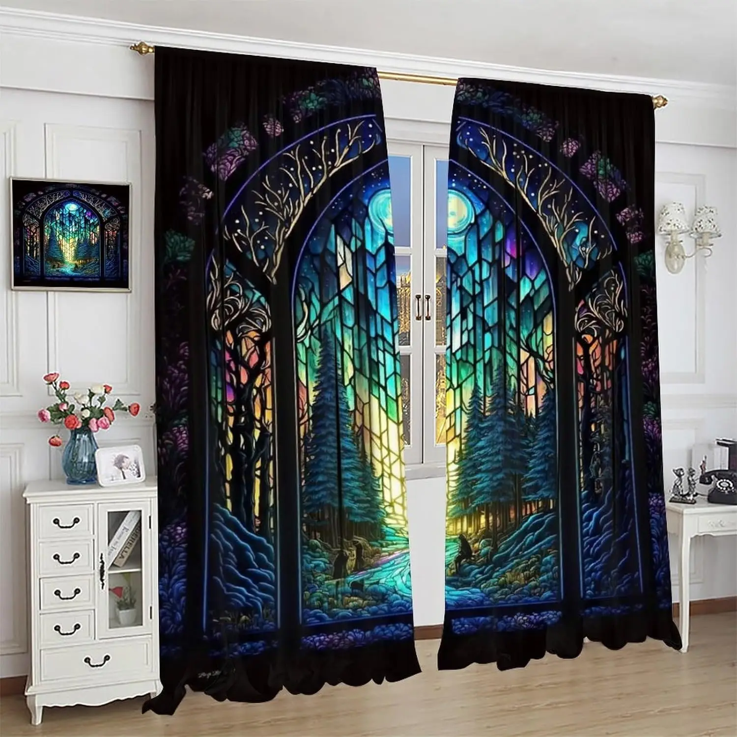 Fantacy Forest Blackout Window Curtain,ArchedDoor Through Fairy Tale Forest, Colourful Stained Windows for Baby Boys Bedroom