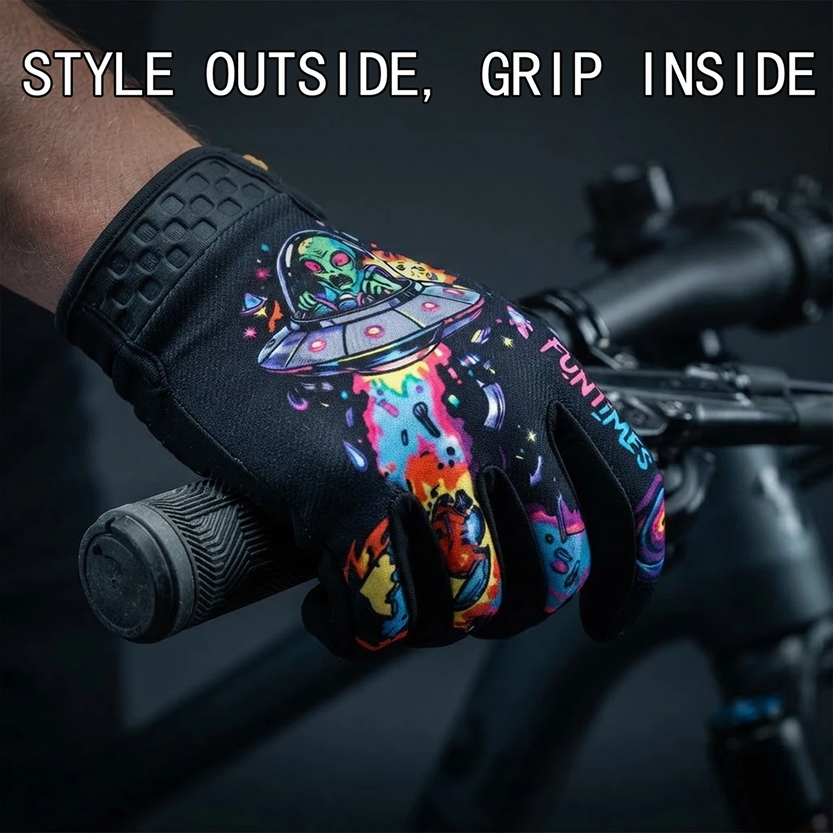 FUNTIMES Alien UFO Graffiti Full Finger Touchscreen Riding Gloves Order Comes with Matching Palm Protection (Color/Size Random)