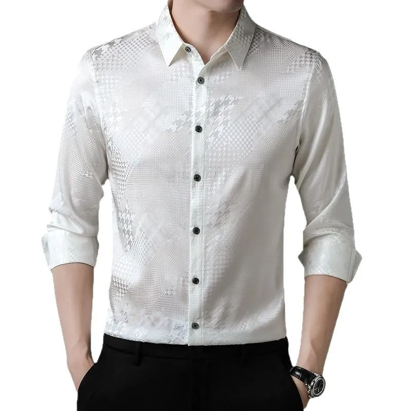 الحرير الحقيقي الراقية الرجال قميص طويل الأكمام الربيع والخريف الأعمال الجديدة عارضة الجاكار بأسعار معقولة الفاخرة نمط العصرية