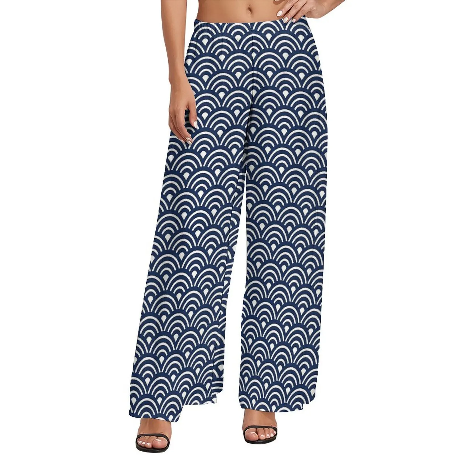 Retro Japanese Seigaiha Pants Elastic High Waist Blue Ocean Waves Elegant Trousers Street Fashion Printed Wide Pants