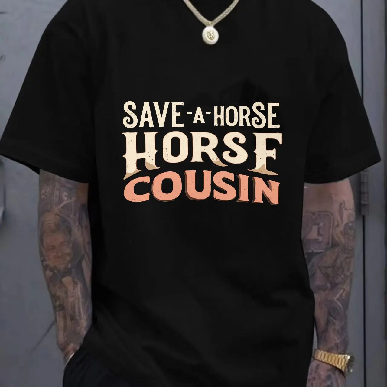 

SAVE-A-HORSE COUSIN Vintage Distressed Crew Neck Short Sleeve T-Shirt, Light Beige Off-White Retro Text Graphic, Casual Playful