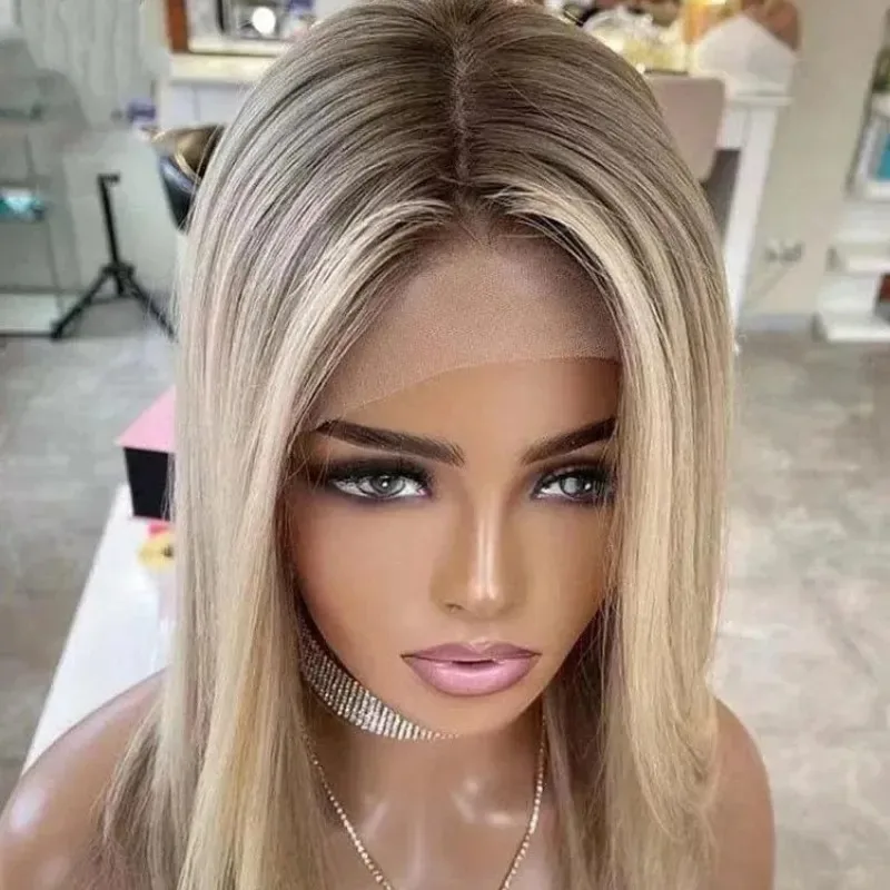 Ombre Icy Paltinum Blonde Synthetic Lace Front Wig with Dark Roots Straight Short Bob Wigs Daily Tiny Knots On Clearance Sale