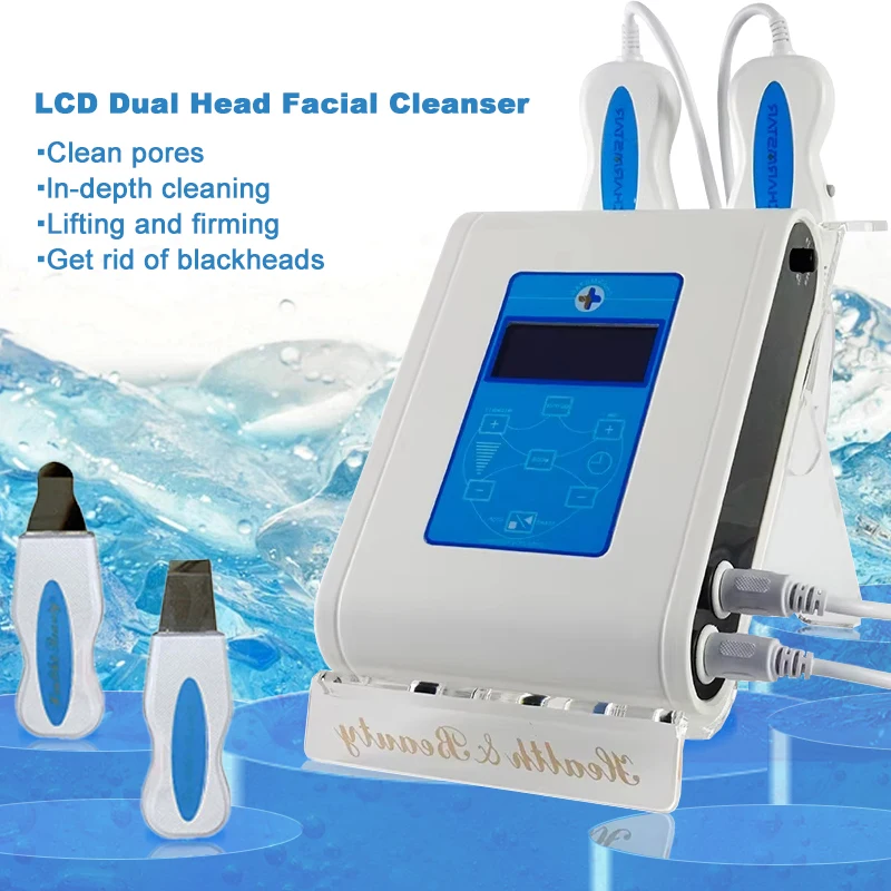 Detergente viso portatile a doppia testa LCD profondo ​ ​ Restringimento della pelle rassodante per la rimozione dei punti neri dello scrubber del viso della macchina ad ultrasuoni dei pori