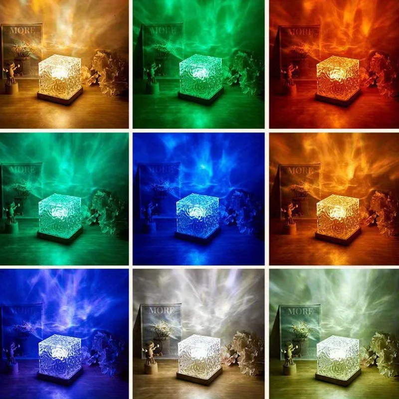 1pc Square Water Ripple Atmosphere Light Small Night Lamp Creative Girl Gift Bedside Bedroom Flame Aurora Dynamic Desk Lamps