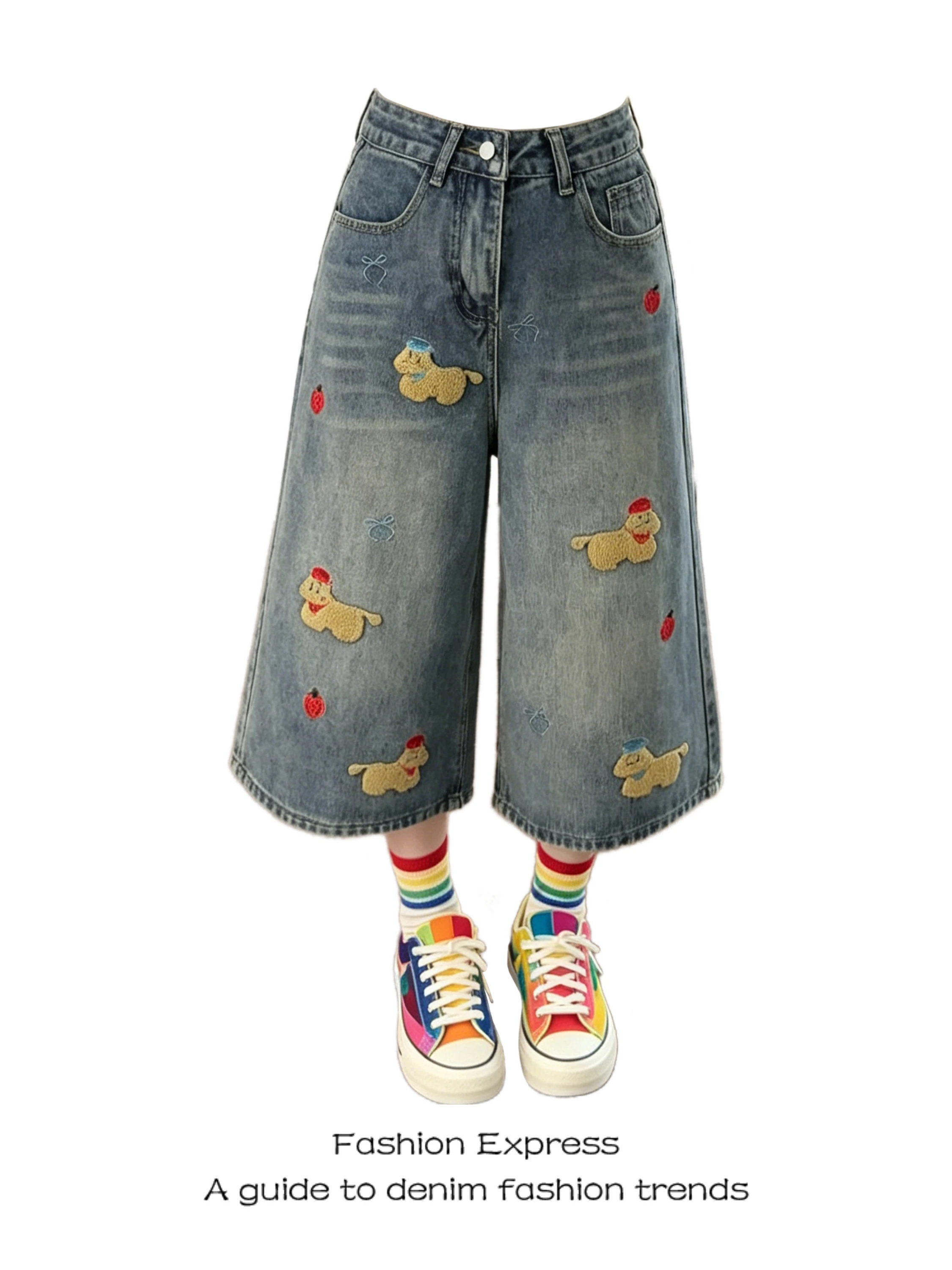 

Cartoon Embroidery High Waist Wide Leg Jeans Women's Blue Summer Vintage American Style Cute Dog Short Pants Casual Loose Fit