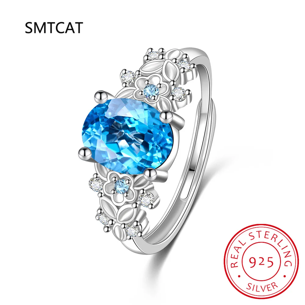 

Oval Natural Blue Topaz 925 Sterling Silver Flower Adjustable Ring Anillos for Woman Gemstone Fine Jewelry Wedding Gifts
