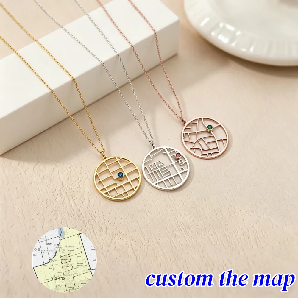 Personalisierte Karten-Halskette mit Geburtsstein, Individueller Karten-Schmuck, Erste-Date-Ort-Halskette für Reisende, Erste-Kuss-Koordinaten