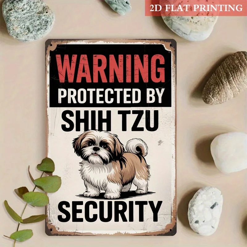 Letrero Decorativo de Pared de Metal Estilo Vintage - Letrero de Seguridad con Diseño Divertido de Perro Shih Tzu con la Frase Humorística: "Advertencia: Protegido por Shih Tzu"