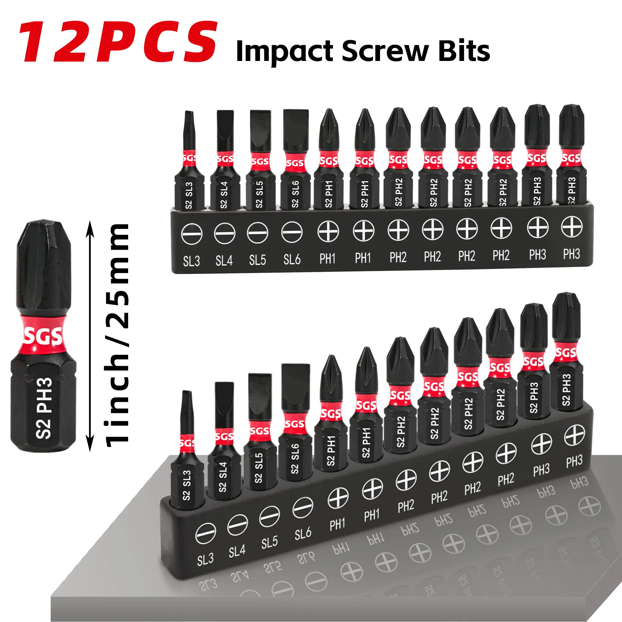 12-Piece Impact Screwdriver Bit Set, SL/PH 25mm, Strong Magnetic, Highly Compatible, Impact-Resistant, Portable Storage, Suitable for Power Tools