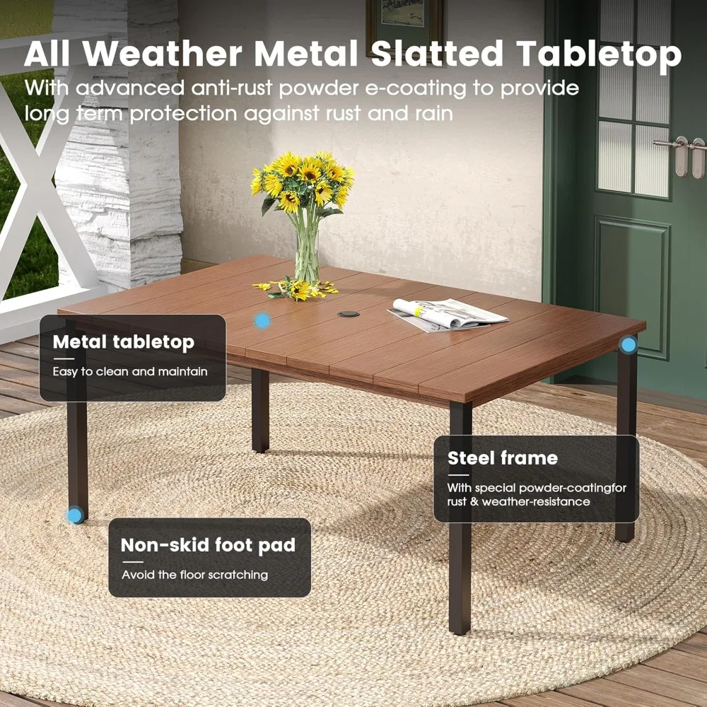 7 piece outdoor patio dining set for 6,63 "walnut rectangular metal dining table and 6 brown stackable harnesses