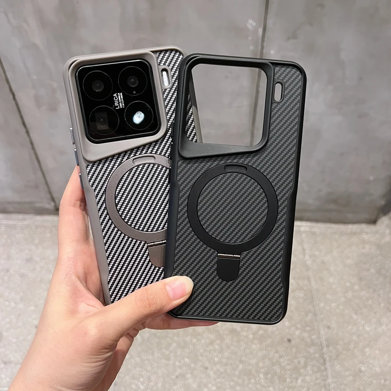 

HOCE Luxury Carbon Fiber Pattern Magnetic For Magsafe Case For Xiaomi 15 Pro 14 Pro with Invisible Bracket Hard PC Back Cover