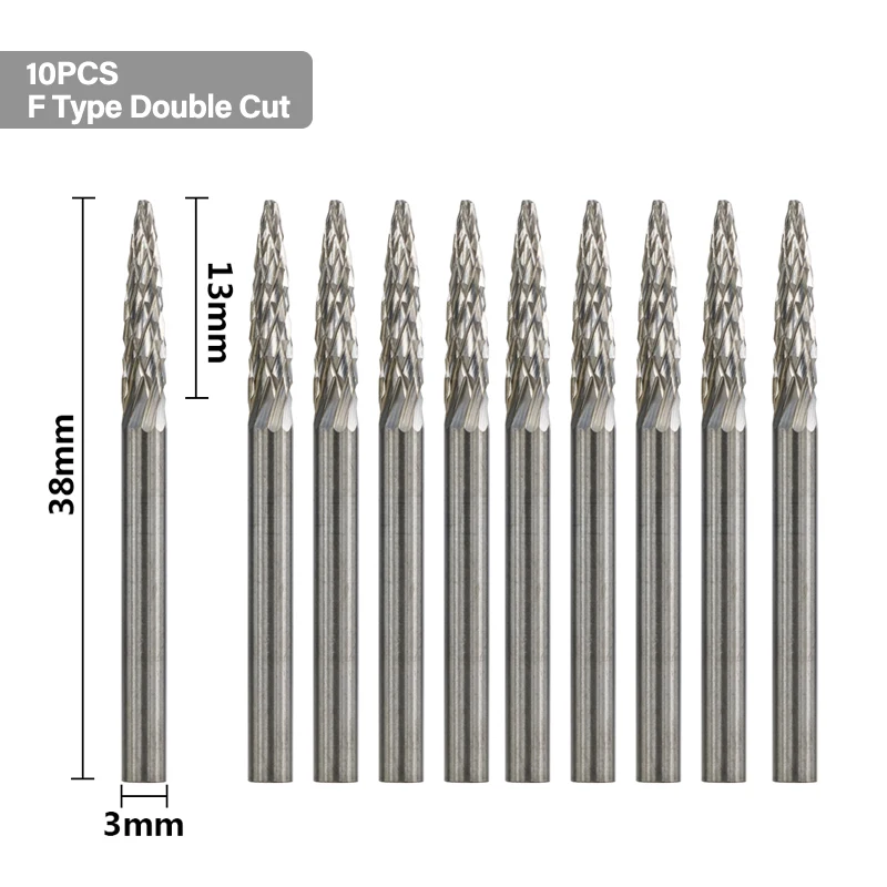 XCAN 10pcs 3mm Shank Double Cut Rotary Burrs for Dremel Rotary Tools F3 Type Carbide Rotary File for Metal Woodworking