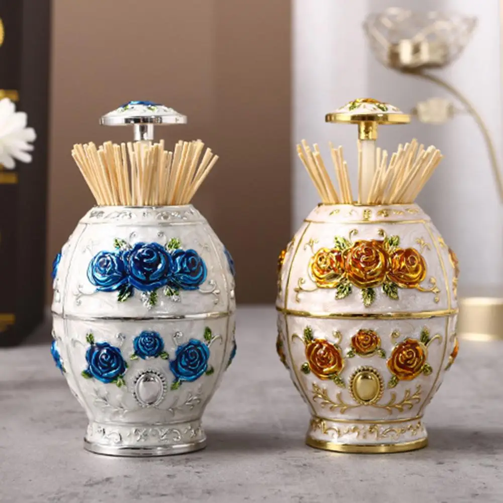 Toothpick Dispenser Retro Floral Toothpick Storage Box Desktop Ornament Luxury Pop-up Toothpick Organizer Case Home Decoration