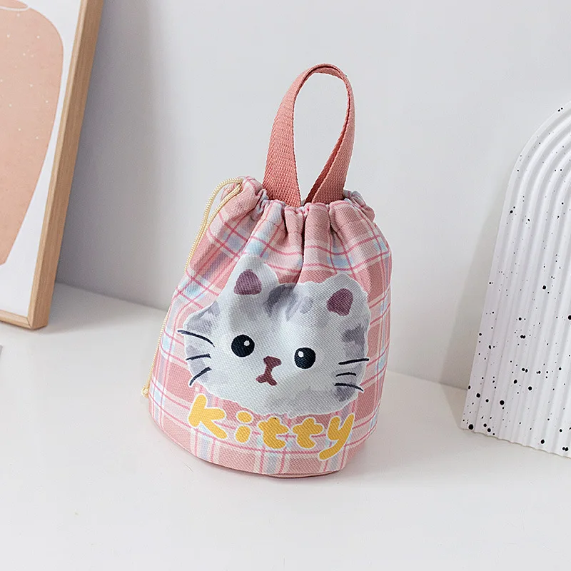 Cat Pattern Cooler Lunch Box Portable Insulated Canvas Lunch Bag Thermal Food Picnic Drawstring Lunch Bags For Women Kid