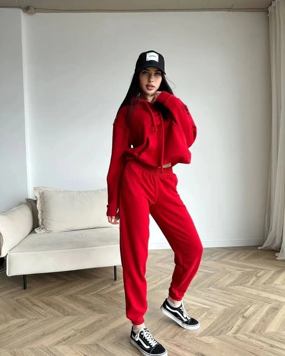 

New Winter Casual Women's Suit Solid Color Long-sleeved Hooded Sweatshirt + Elastic Loose Trousers Sports Style Two-piece Set