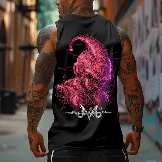 Pink Demon Cartoon Tank Top Men Anime Graphic Back Print Sleeveless Muscle Shirt White Street Style Tattoo Culture Design