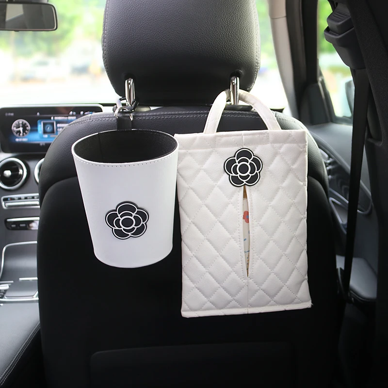 Creative Camellia Flower Leather Car Tissue Paper Towel Bag Auto Back Seat Headrest Hanging Trash Bin Can Women Car Accessories