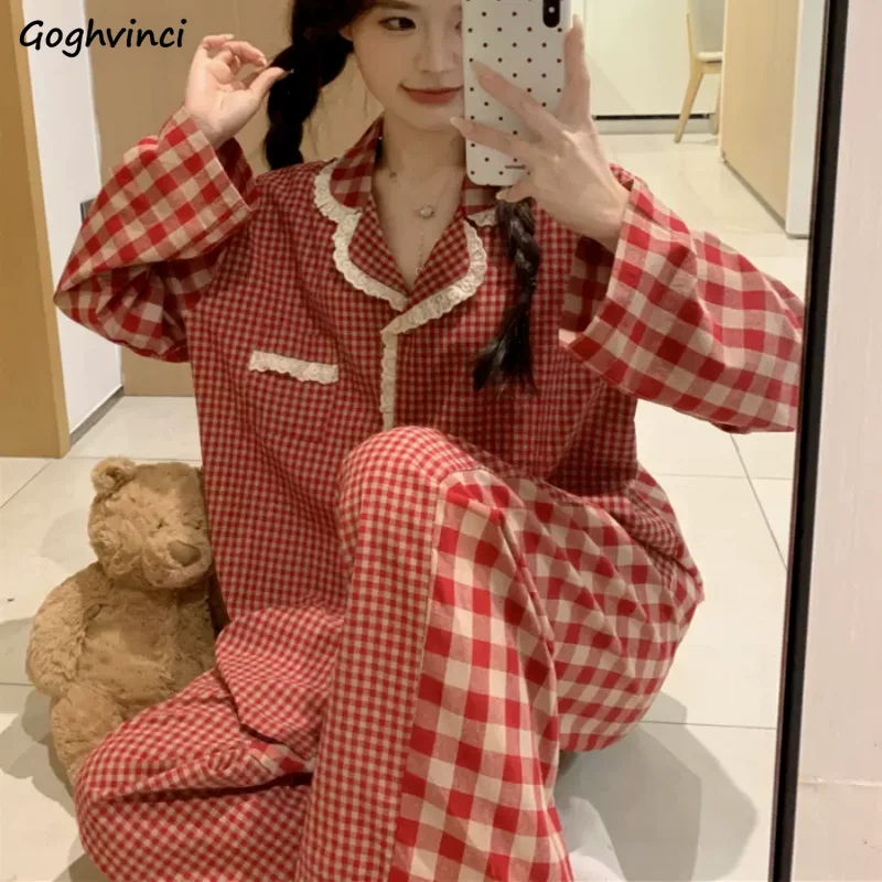 Plaid Pajama Sets Women Sweet Design Spring Pockets Fashion Sleepwear Ins Korean Style Vintage Home Wear Long Sleeve Soft Casual