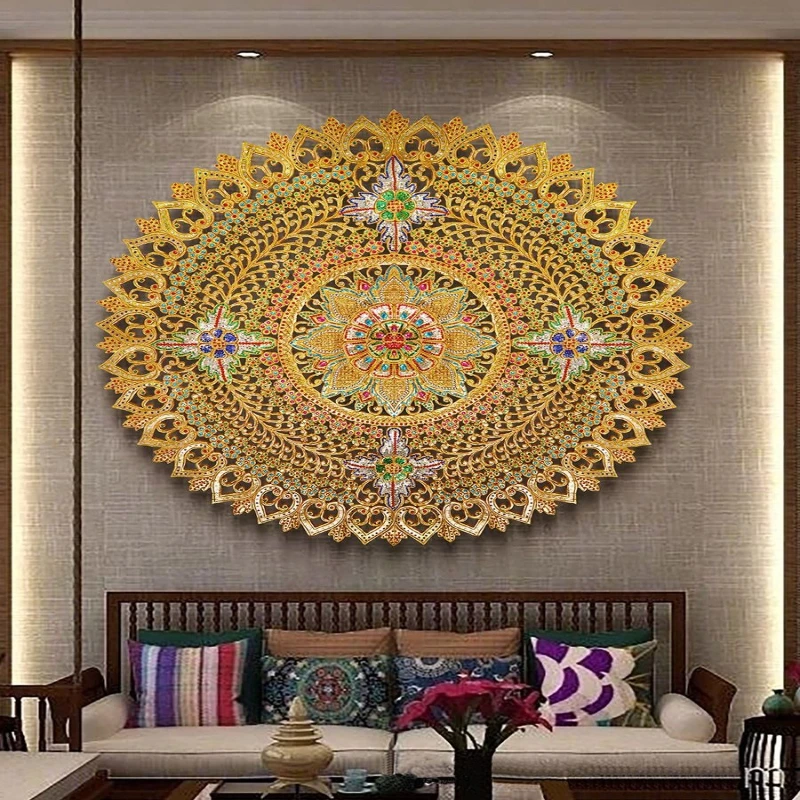 Thai wood carving handicrafts round carved board wall hanging Thai hotel clubhouse living room entrance background decoration