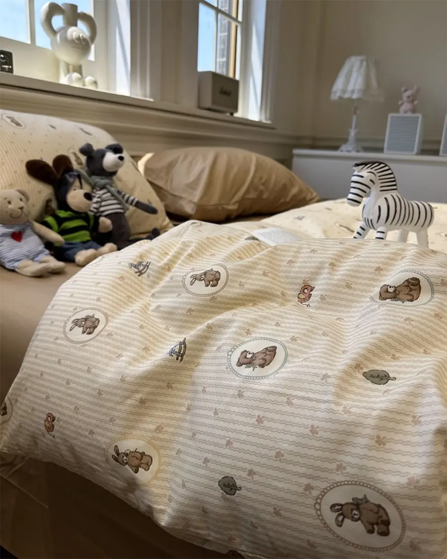 Vintage cute stripes bear rabbit bedding set,twin full queen lovely retro cotton home textile bed sheet pillow case quilt cover