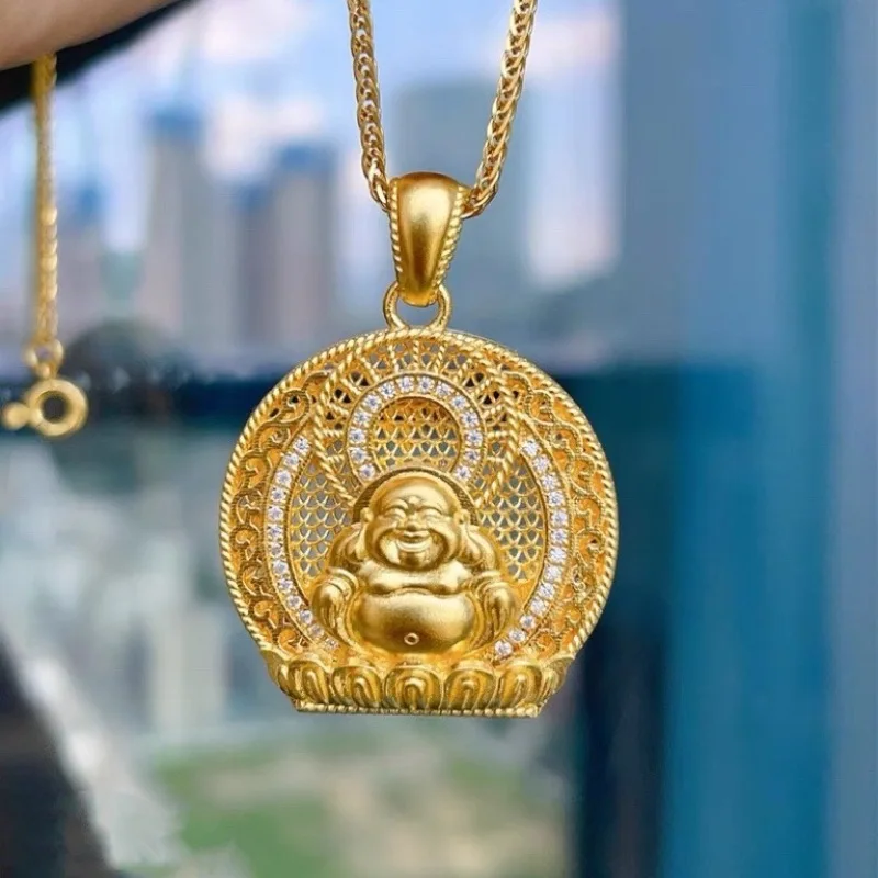 2026 Chinese Style Brass Gold Plated Zircon Inlaid Maitreya Buddha Pendant Necklace For Women Lucky Wealth Attracting Daily Wear