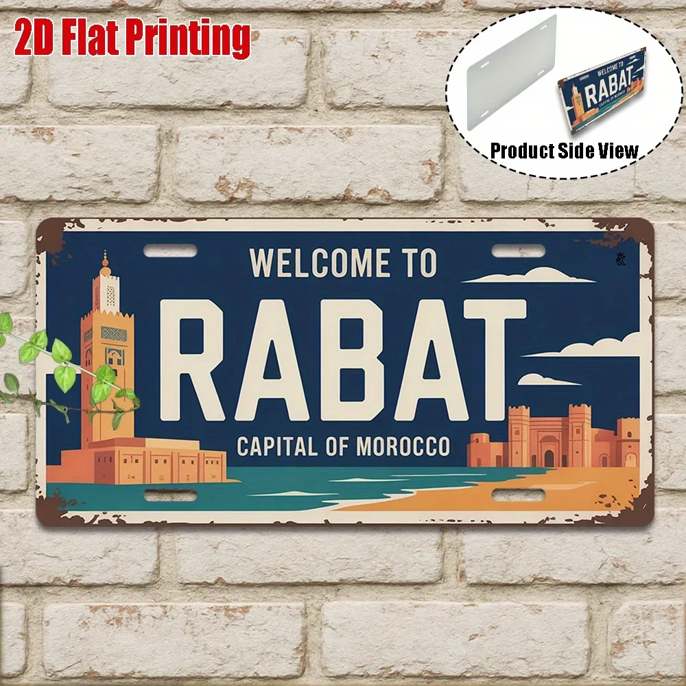 2D Flat -1 Vintage Aluminum Sign| Rabat Sign, Moroccan Capital Retro Travel Decoration, Cityscape Wall Decoration