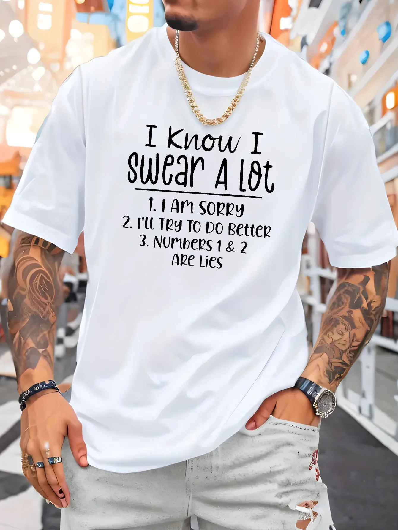 

Men's Short Sleeve Cotton T-Shirt, I Know I Swear a Lot Humorous Quote Men's T-Shirt, Cotton Casual Crew Neck Top