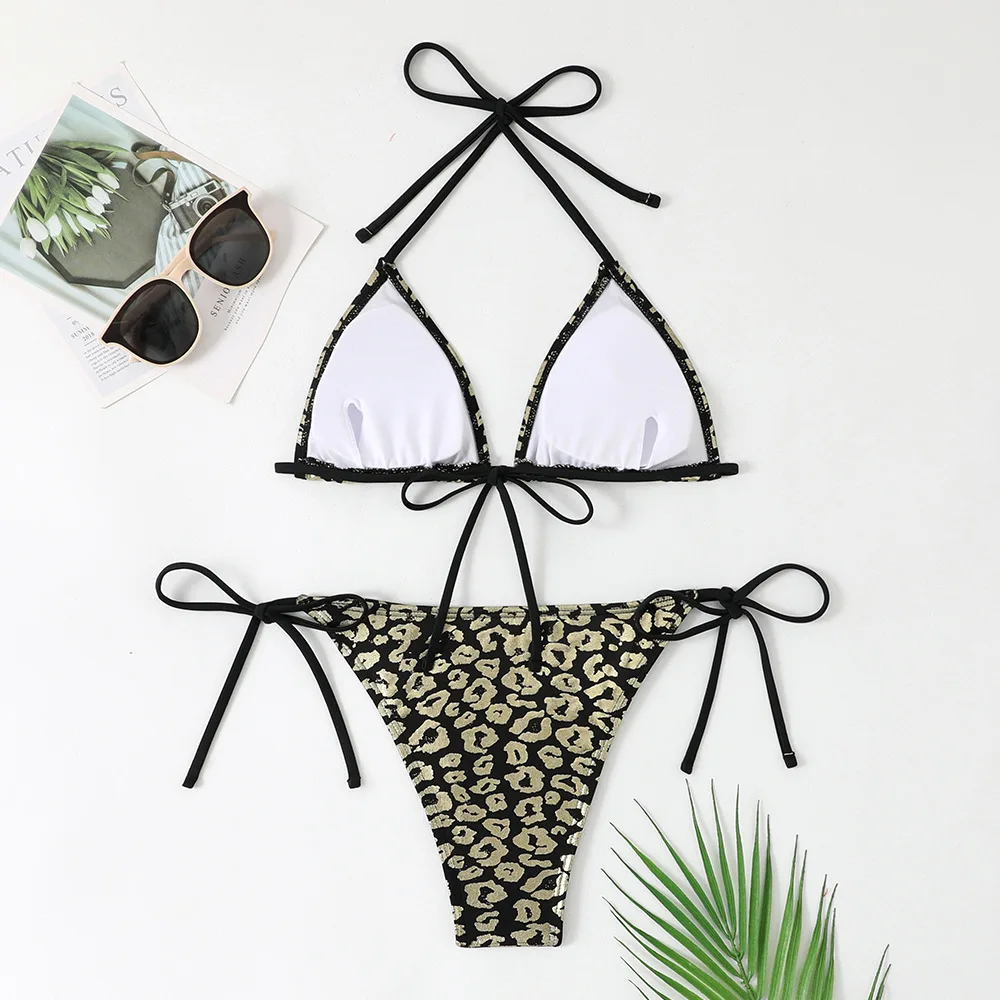 2025 Womens Thong Bikini Set Sexy Two Piece Swimsuit Black Gold Bronzing Micro Bikini Y2K Summer Beachwear Bathing Suits Outfit