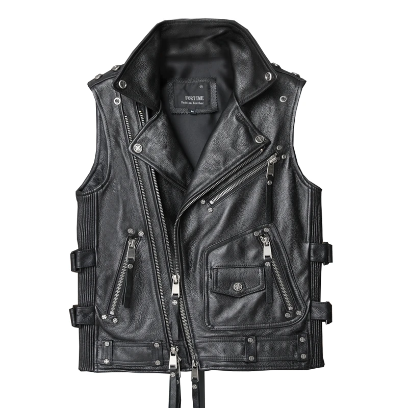 

Black Leather Vest Men Motorcycle Style Plus Size 5XL Diagonal Zipper Natural Cowhide Slim Fit Short Biker Vest