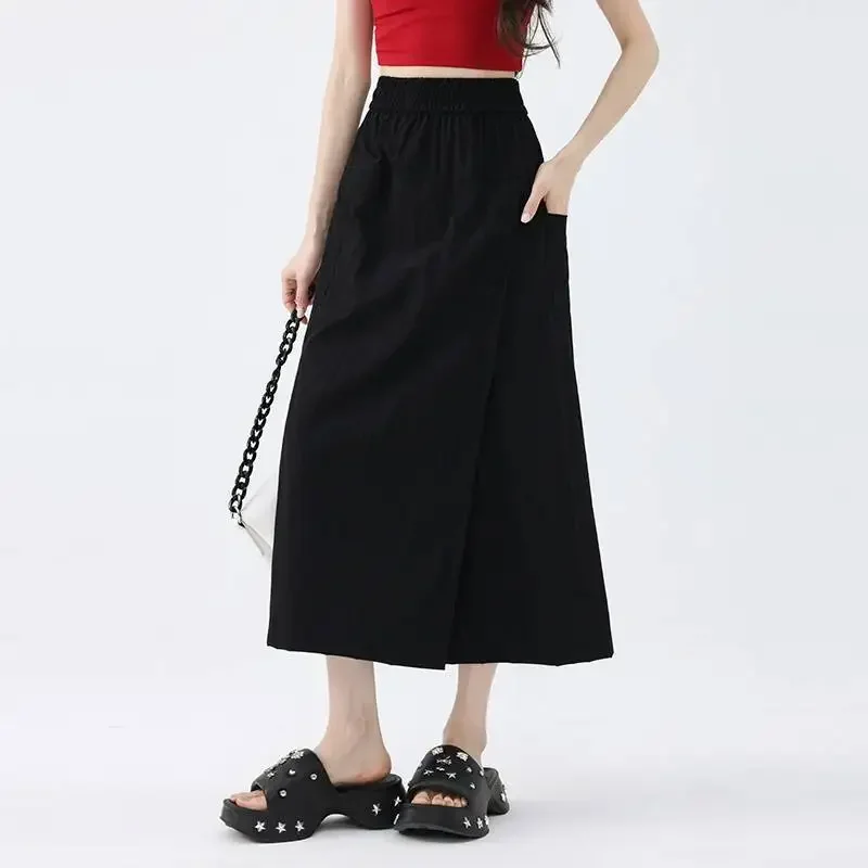 Pop American Yamamoto Women's High Waist Ice Silk Wide Leg Pants Miniature A- Line Skirt Summer Workwear Half-length Skirts