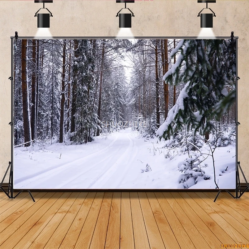 قطرات خلفية للتصوير الفوتوغرافي للغابات الشتوية ، طريق مغطى بالثلوج ، ندف الثلج ، أشجار التنوب ، خلفية الصورة ،