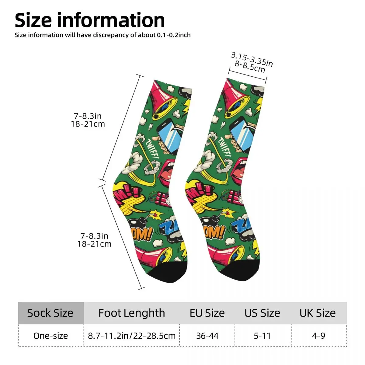 Vintage Comic Pattern Crew Socks masculino, Unisex Compressão Socks, Street Style, Impresso Novidade